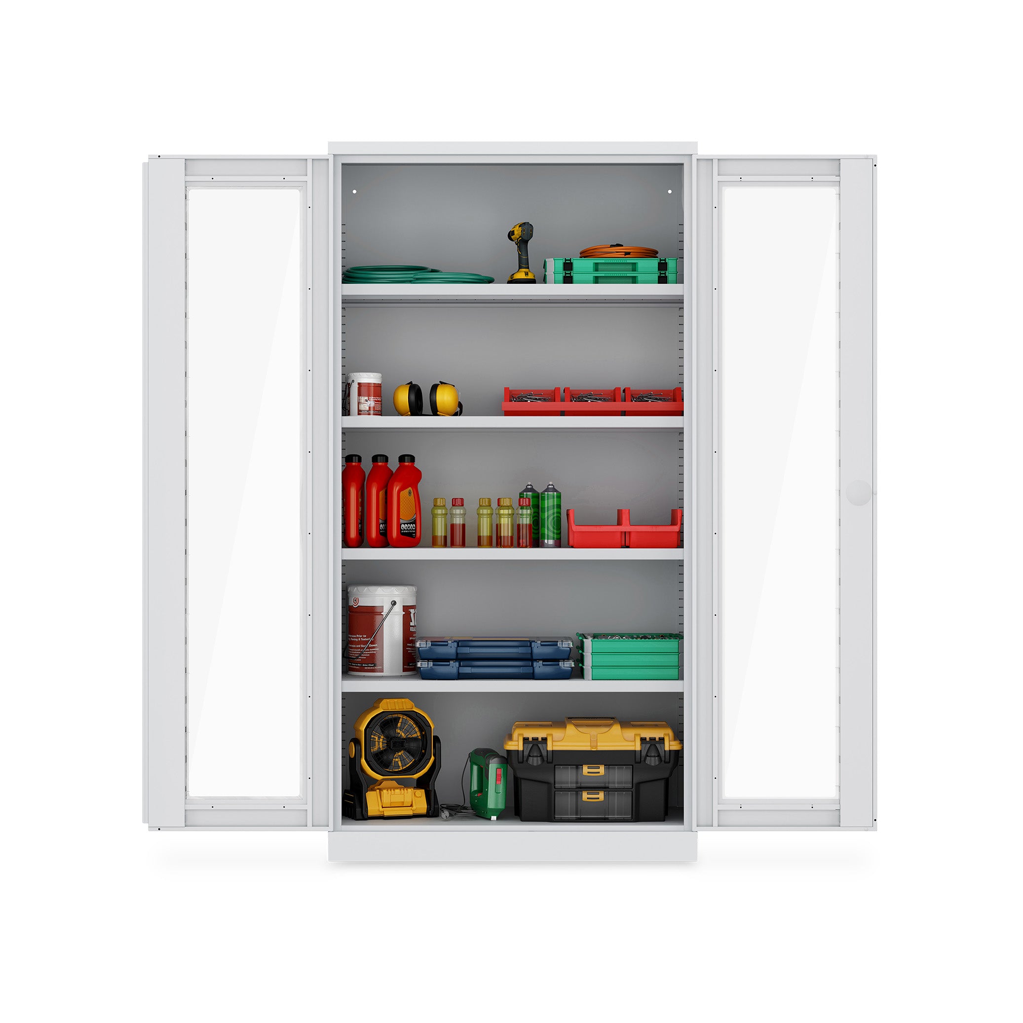 Werkstattschrank mit Acrylglasfenstern 1000 × 500 × 1950 mm – 4 Fachböden, Farbe lichtgrau
