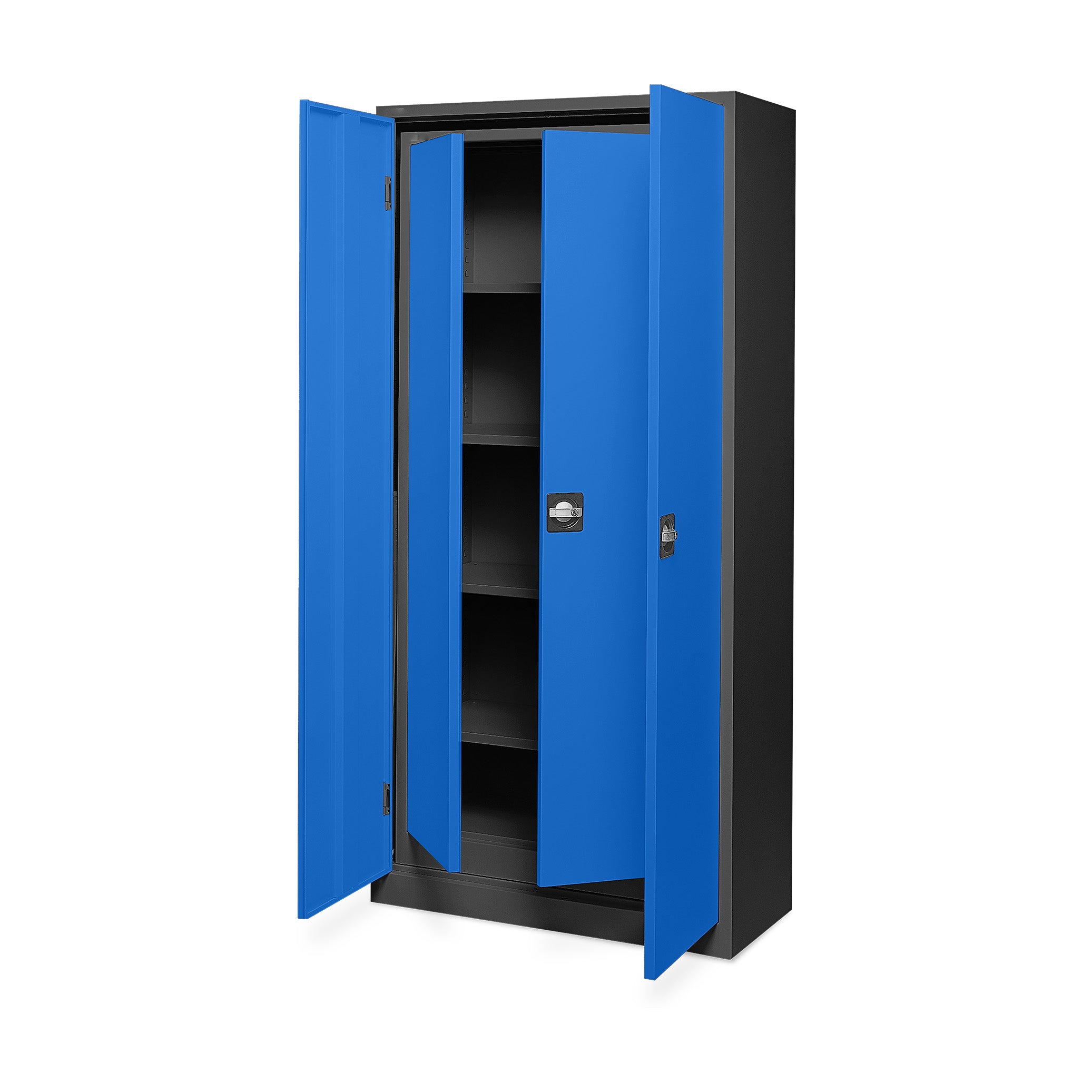 Praktisches Flügeltürenschrank-Set 920 × 420 × 1950 / 800 × 380 × 1800 mm, Farbe tiefschwarz / enzianblau Praktisches Flügeltürenschrank-Set 920 × 420 × 1950 / 800 × 380 × 1800 mm, Farbe tiefschwarz / enzianblau