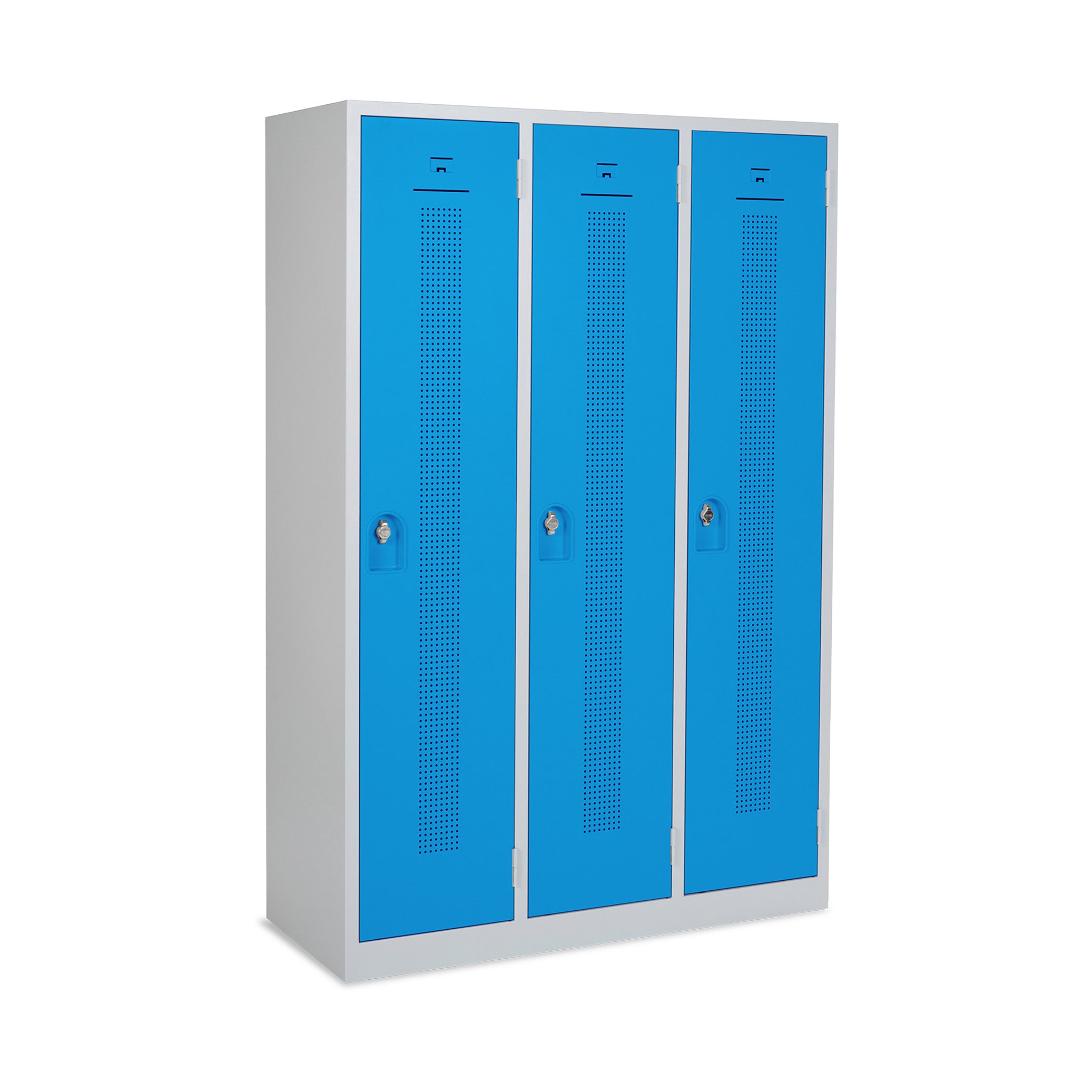 Moderner Design-Reihenspind mit 3 Türen und Trennwand, 1185 × 500 × 1800 mm, Farbe lichtgrau / enzianblau