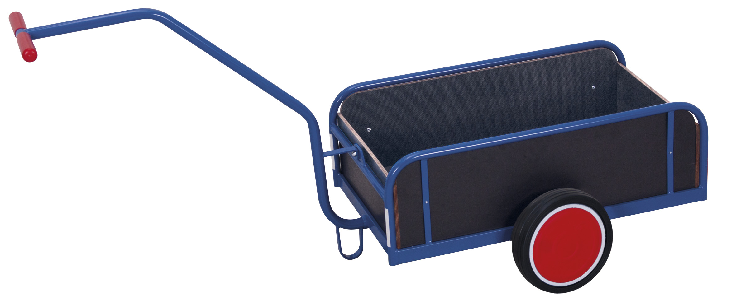 Kompakter Handwagen mit Bordwand und Vollgummibereifung 1230 × 655 mm mit Siebdruck-Ladefläche, 200 kg Traglast, RAL 5010 Kompakter Handwagen mit Bordwand und Vollgummibereifung 1230 × 655 mm mit Siebdruck-Ladefläche, 200 kg Traglast, RAL 5010