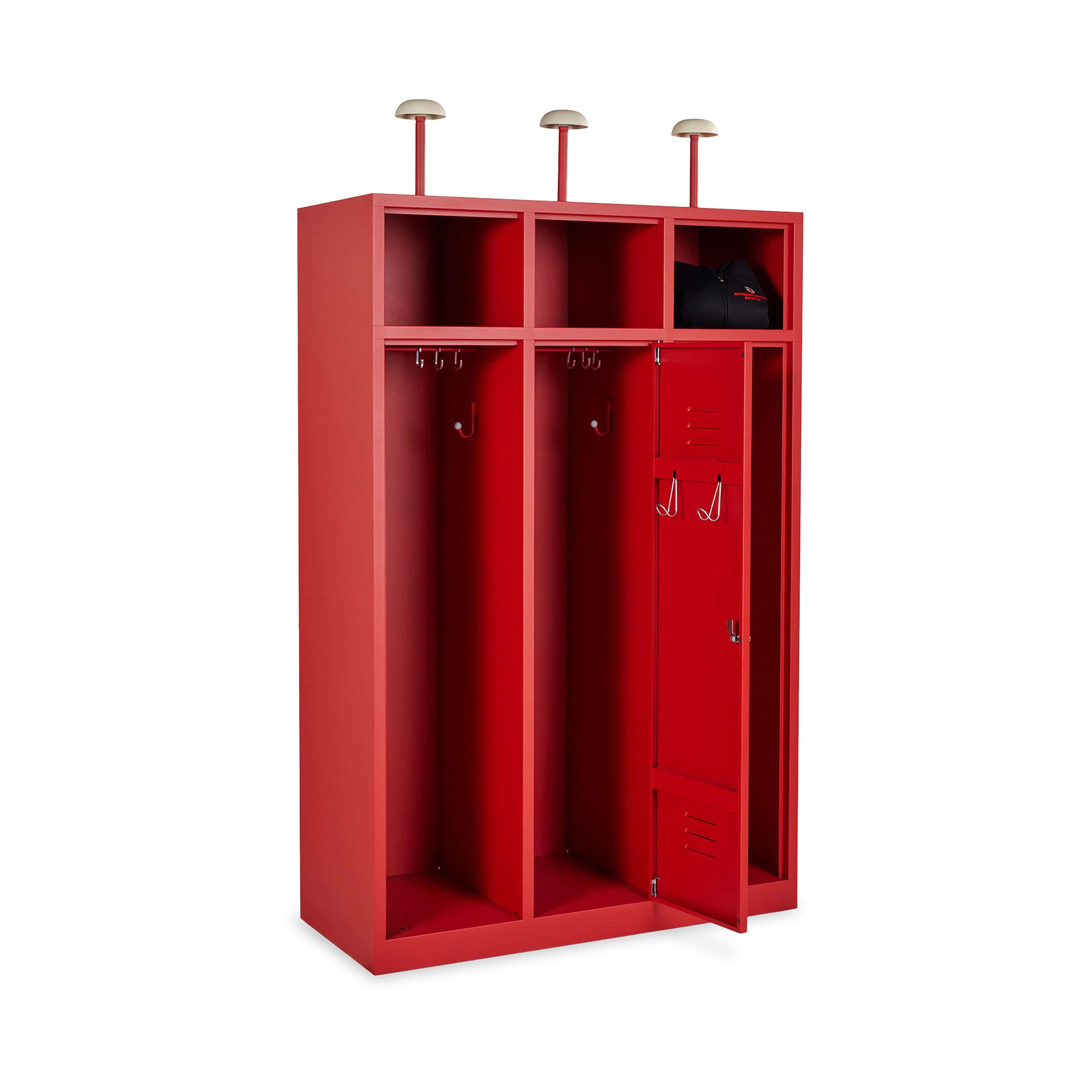 Geräumiger Feuerwehrschrank 1185 × 500 × 1800 mm, Farbe feuerrot, 3 abteile