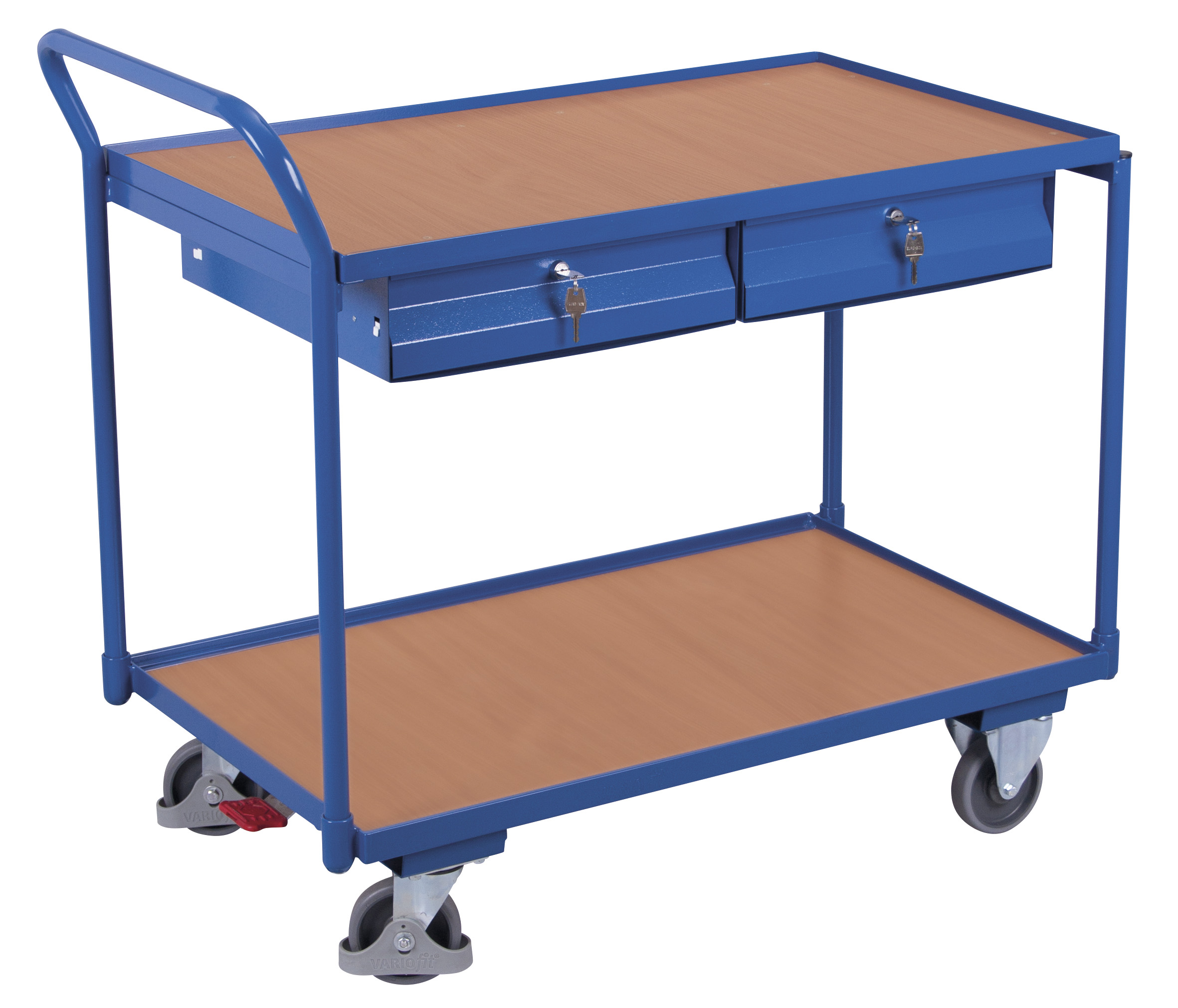 Funktionaler Tischwagen 1125 × 625 mm mit 2 Holzladeflächen und 2 Schubladen, 250 kg Traglast, RAL 5010, ideal für Werkstatt & Montage Funktionaler Tischwagen 1125 × 625 mm mit 2 Holzladeflächen und 2 Schubladen, 250 kg Traglast, RAL 5010, ideal für Werkstatt & Montage