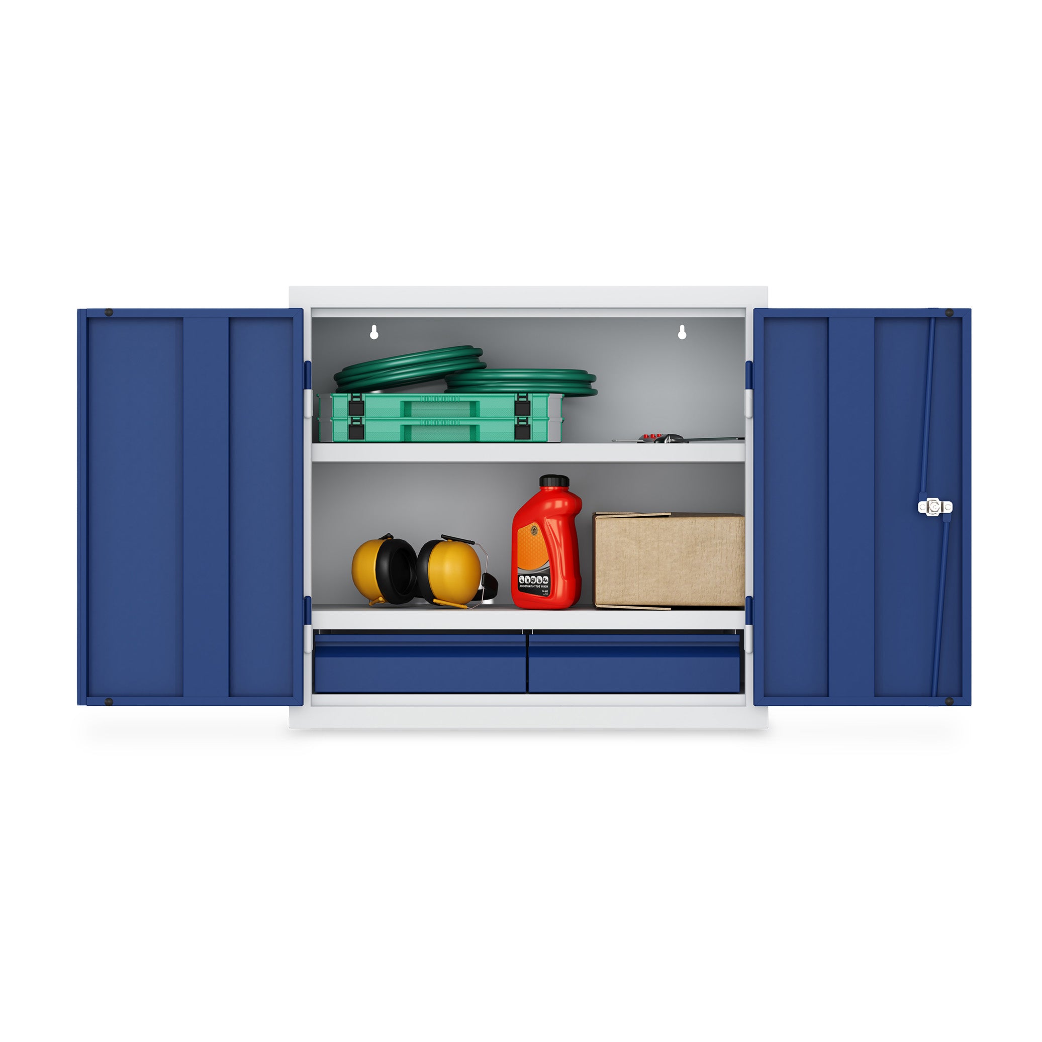 Werkstatt-Hängeschrank 650 × 320 × 600 mm – 2 Fachböden, 2 Schubladen, Farbe lichtgrau / enzianblau