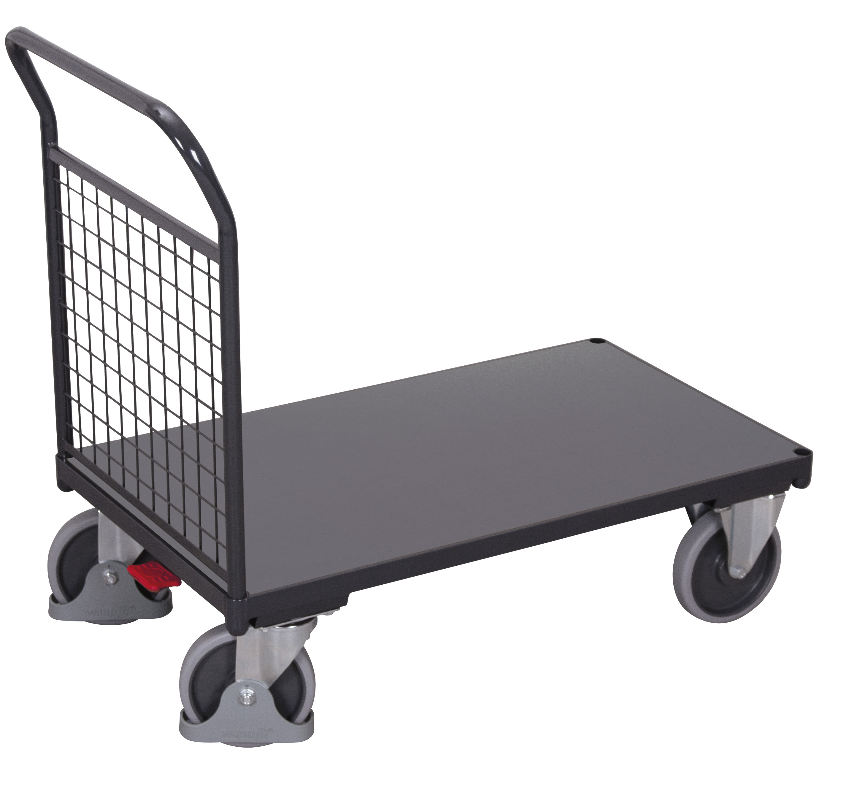 Solider Stirnwandwagen mit Drahtgitter, Ladefläche 880 × 500 mm, 400 kg Traglast, RAL 7016, ideal für Werkstatt und Lager Geräumiger Stirnwandwagen mit Drahtgitter, Ladefläche 1230 × 800 mm, 500 kg Traglast, RAL 7016, ideal für Werkstatt und Lager