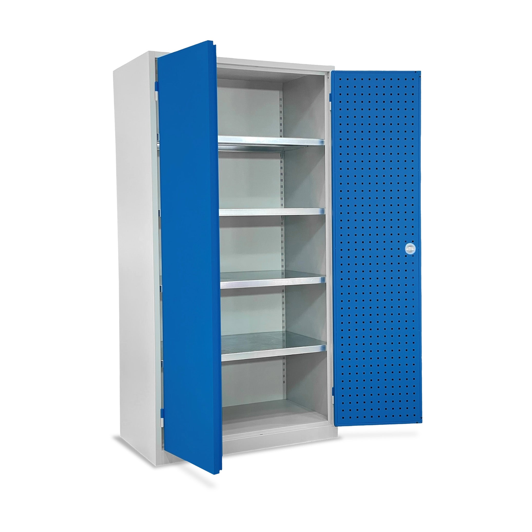 Werkstattschrank 1000 x 600 mm mit 4 Böden – 100 kg Tragkraft je Boden – Lichtgrau/Enzianblau – Sicher & Praktisch für Ihre Werkstatt