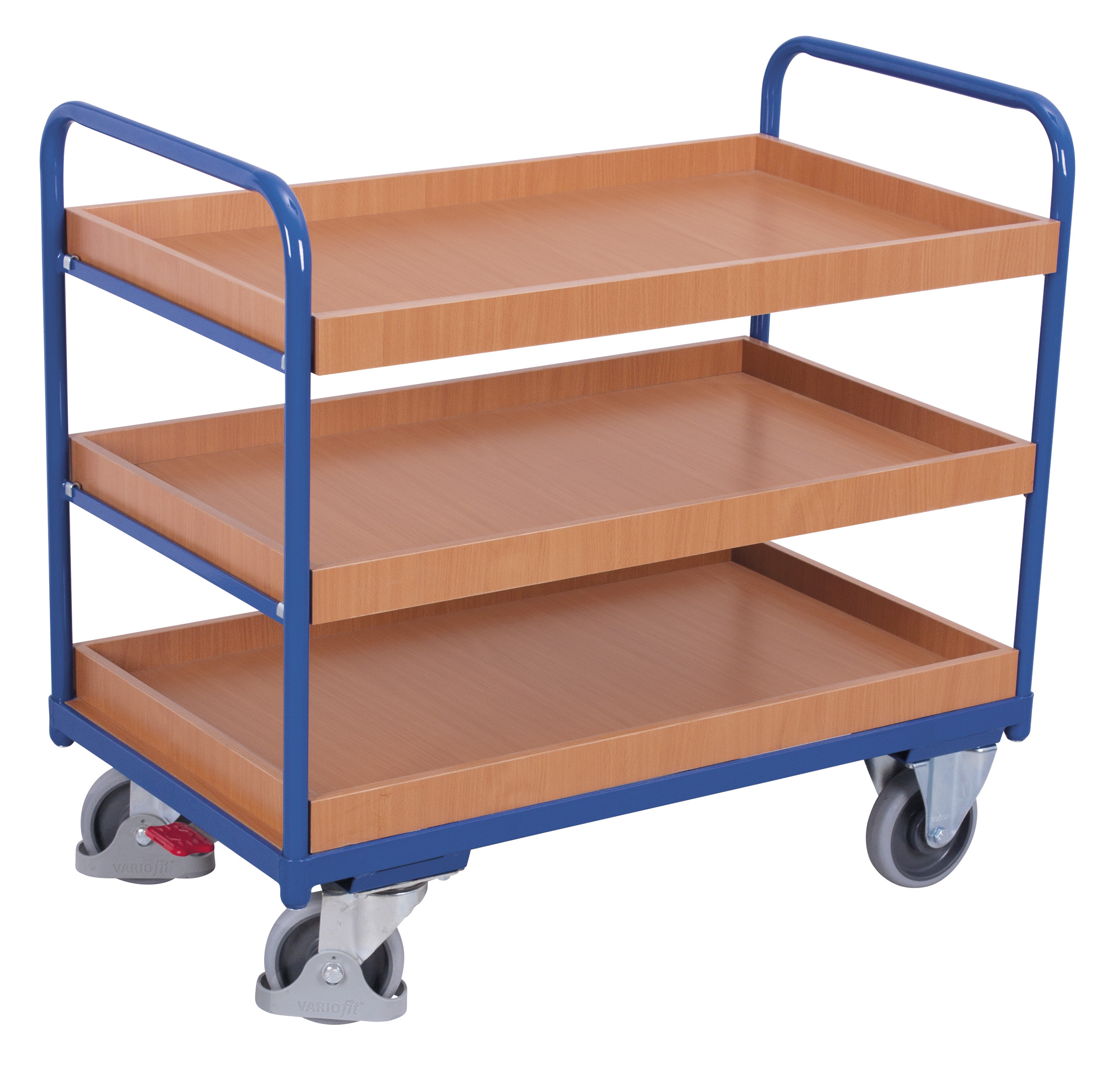 Großformatiger Etagenwagen niedrig 1060 × 700 × 990 mm mit zwei Holz-Tabletts, 250 kg Traglast, RAL 5010, ideal für Lager & Werkstatt Breiter Etagenwagen niedrig 1060 × 600 × 990 mm mit zwei Holz-Tabletts, 250 kg Traglast, RAL 5010, ideal für Lager & Werkstatt