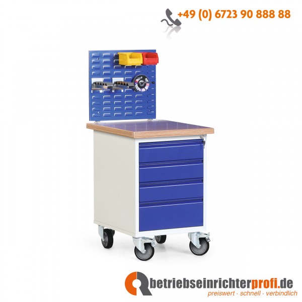 Rotauro Werkstatt-Rollcontainer mit 4 Schubladen, 1 Schlitzplatte und 35 mm Multiplexplatte