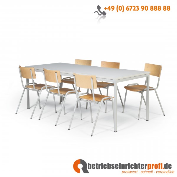 Taurotrade Tisch-Stuhlkombination mit 1 Allzwecktisch 2000 x 800 mm und 6 Stapelstühlen ECO
