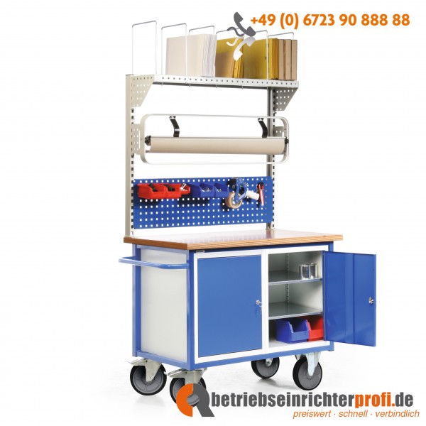 Taurotec fahrbare Packstation mit 2 Einbauschränken, 1 Lochplatte, Rollenhalter und Kartonagenmagazin, Traglast 500 kg