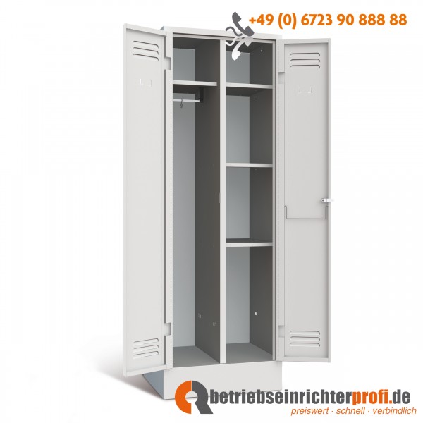 Metall Kleiderschrank Classico mit Hutboden, Kleiderstange sowie 3 Fachböden, auf festem Sockel, Türen in RAL7035, lichtgrau