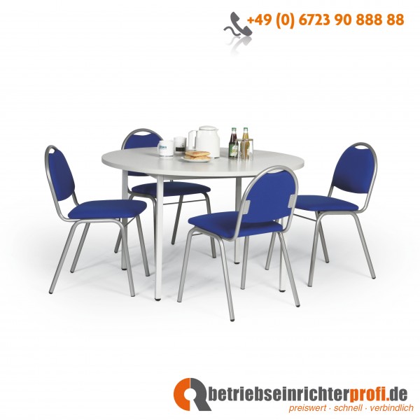 Taurotrade Tisch-Stuhl-Kombination, 1 runder Allzwecktisch ø 1000 mm mit 4 Besucherstühlen Ariosa (Gestelle in Alusilber, Bezugstoff in Blau)