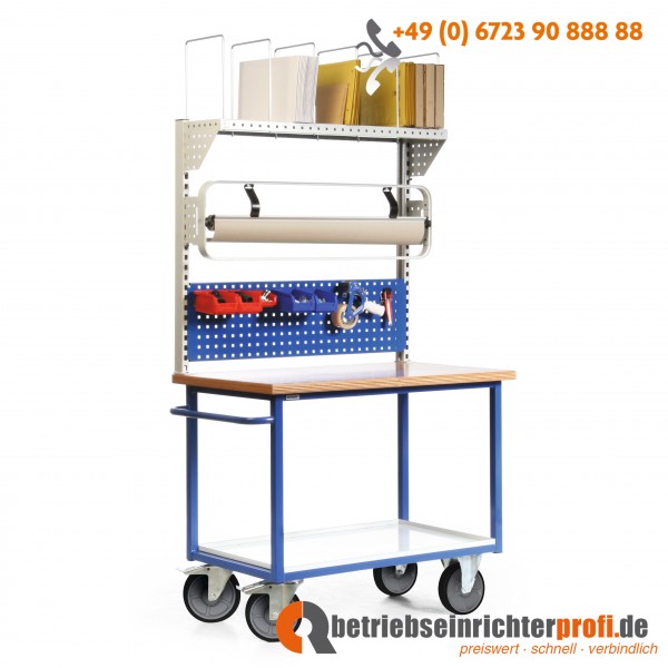 Taurotec fahrbare Packstation mit 1 Blechablage, 1 Lochplatte, Rollenhalter und Kartonagenmagazin, Traglast 500 kg