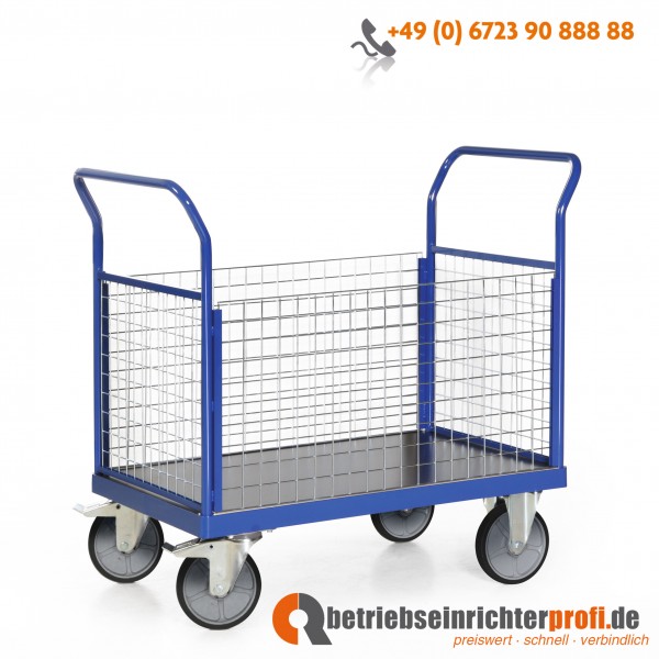 Tauroflex Plattformwagen, Ladefläche 1200 × 800, Traglast 600 kg, mit 4 Wänden aus Gitter