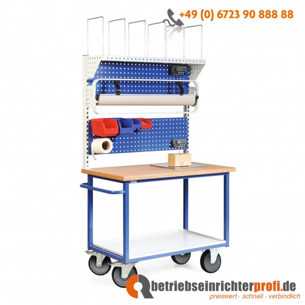 Taurotec fahrbare Packstation mit 1 Blechablage, 2 Lochplatten, Einbauwaage, Rollenhalter und Kartonagenmagazin, Traglast 500 kg