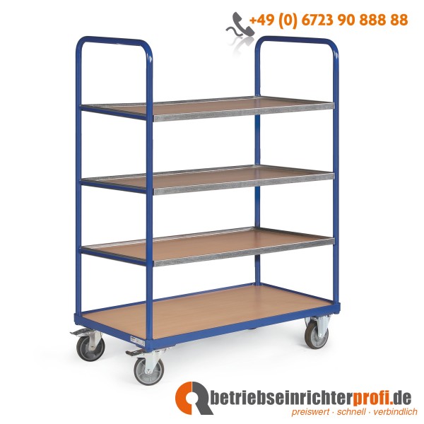 Tauroflex Etagenwagen basic mit 4 Ladeflächen 850 × 500 mm einhängbar, obere mit Bordkante, Traglast 250 kg