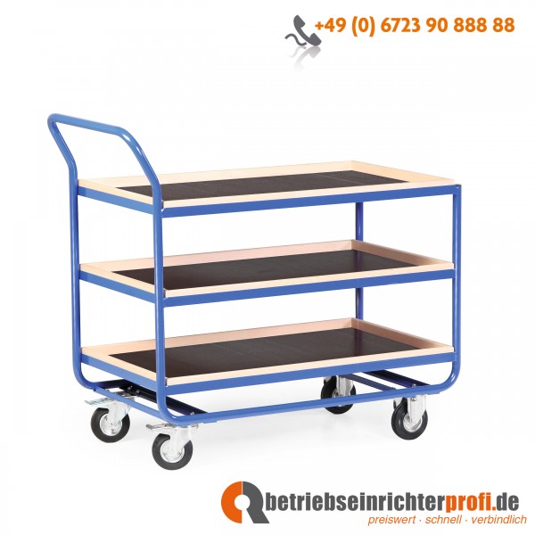 Rotauro Stahlrohr-Tischwagen, mit Bordleisten aus Buchenholz (30 mm hoch) und 3 Ladeflächen 1000 × 600 mm, Traglast 300 kg