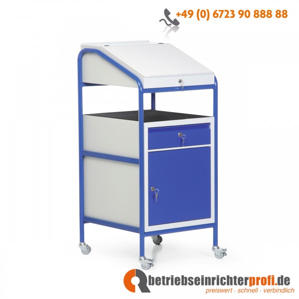 Taurodesk leichtes fahrbares Stehpult mit Einbauschrank, 1 Schublade und Abdeckung mit Riffelgummimatte, B 576 H 1200 T 605 mm