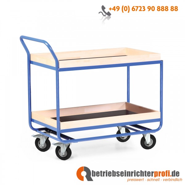 Rotauro Stahlrohr-Tischwagen, mit Bordleisten aus Buchenleimholz (75 mm hoch) und 2 Ladeflächen 1000 × 600 mm, Traglast 300 kg