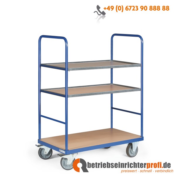 Tauroflex Etagenwagen basic mit 3 Ladeflächen 850 × 500 mm einhängbar, mit Bordkante, Traglast 500 kg, Gesamthöhe 1460 mm