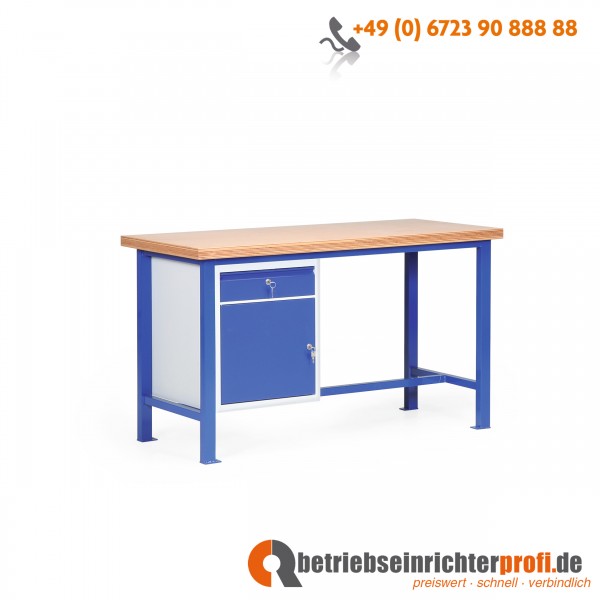 Taurotec Standard-Werkbank mit 1 Schrank, 1 Schublade und Tischplatte aus Multiplex (40 mm), Traglast 1000 kg, 1500 × 700 mm
