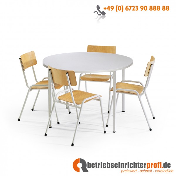 Taurotrade Tisch-Stuhl-Kombinationen mit 1 rundem Allzwecktisch ø 1000 mm und 4 Stapelstühle aus Stahlrohr