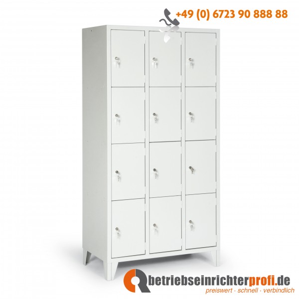 Schließfachschrank Classico mit 4 Fachebenen und 12 Fächern, auf Füßen, Türen in RAL7035, lichtgrau
