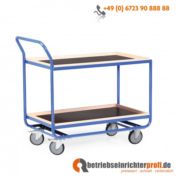 Rotauro Stahlrohr-Tischwagen, mit Bordleisten aus Buchenholz (30 mm hoch) und 2 Ladeflächen 1000 × 600 mm, Traglast 300 kg