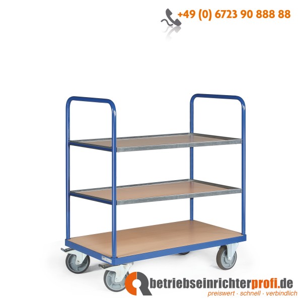 Tauroflex Etagenwagen basic mit 3 Ladeflächen 1000 × 600 mm einhängbar, mit Bordkante, Traglast 500 kg. Gesamthöhe 1160 mm