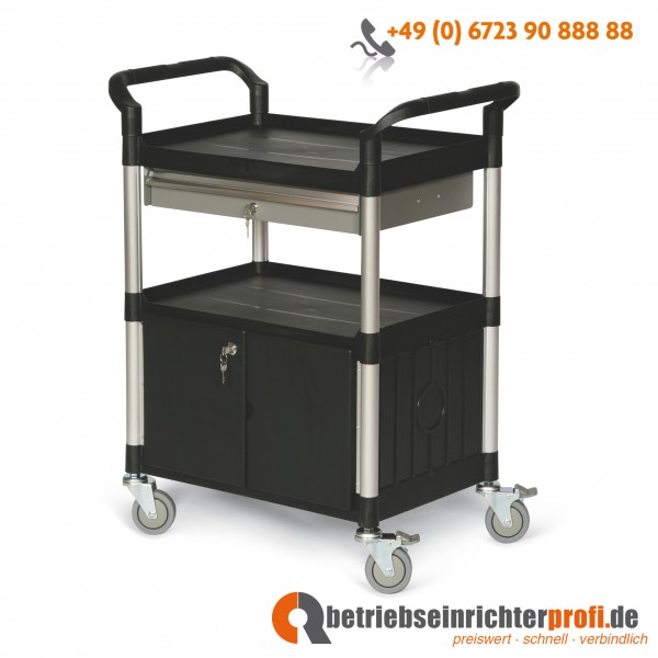 Taurotrade Kunststoff-Etagenwagen mit Schublade und Schrankfach, abschließbar, mit 1 Ladefläche 680 × 450 mm, Traglast 240 kg