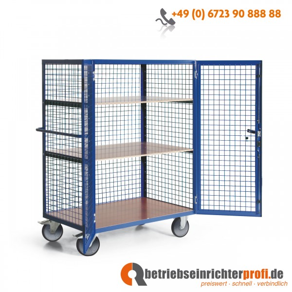 Rotauro Schrankwagen mit Drahtgitterverkleidung, KOMPLETTANGEBOT mit 2 Fachböden 1250 × 780 mm, Traglast 600 kg