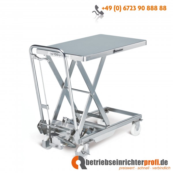 Bishamon Edelstahl - Scherenhubtischwagen, Plattform 700 × 450 mm, Traglast 100 kg 