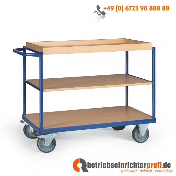 Tauroflex Tischwagen basic mit 3 Ladeflächen 1000 × 700 mm und Bordkante aus MDF, Traglast 350 kg