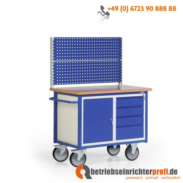 Rotauro große fahrbare Werkbank mit 2 Lochplatten (650 mm hoch), 4 Schubladen und 1 Schrank, Traglast 500 kg