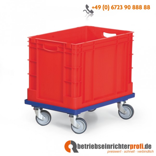 Taurotrade Transportroller aus ABS-Kunststoff für 1 Transportkasten 600 × 400 mm, Traglast 250 kg, blau