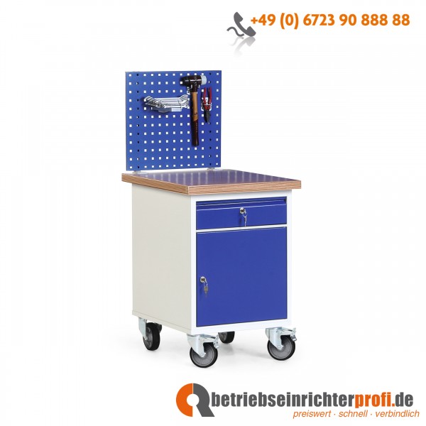 Rotauro Werkstatt-Rollcontainer mit 1 Schrankfach mit Schublade, 1 Lochplatte und 35 mm Multiplexplatte