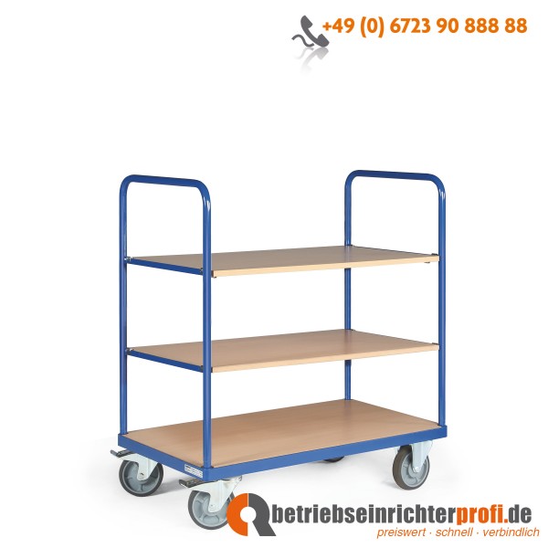 Tauroflex Etagenwagen basic mit 3 Ladeflächen 850 × 500 mm einhängbar, Traglast 500 kg, Gesamthöhe 1160 mm, ohne Bordkante