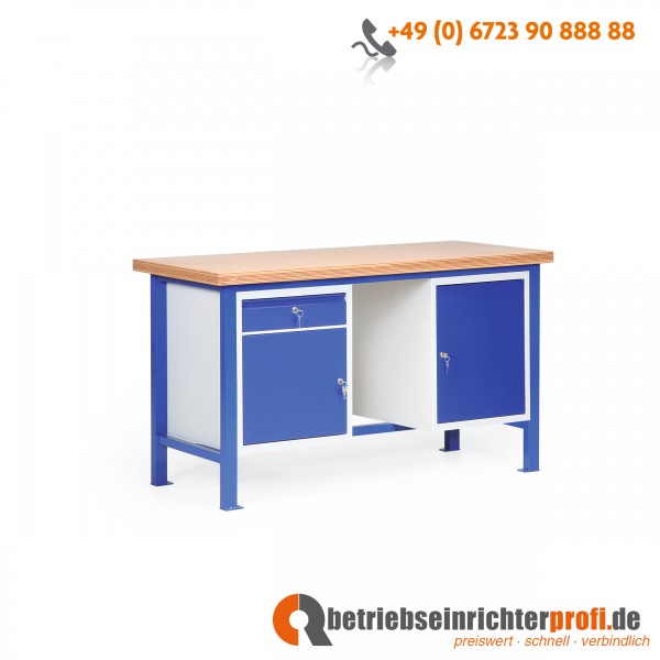 Taurotec Standard-Werkbank mit 2 Schränken, 1 Schublade und Tischplatte aus Multiplex (40 mm), Traglast 1000 kg, 1500 × 700 mm