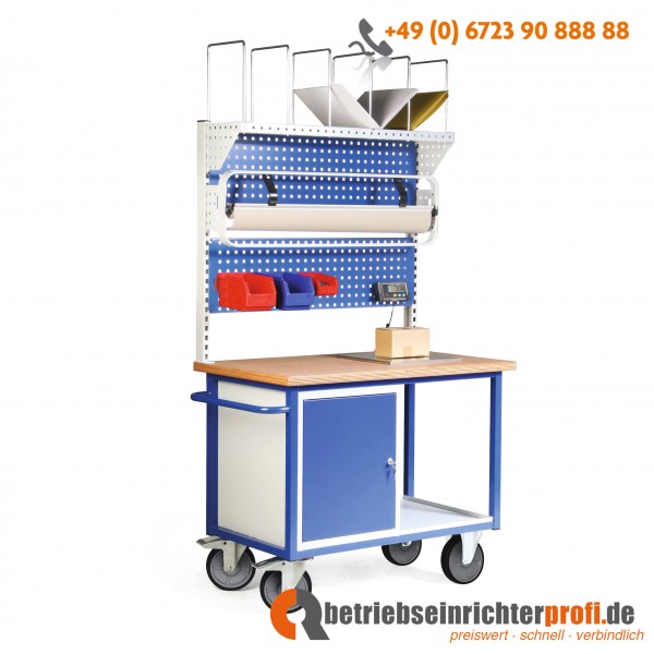 Taurotec fahrbare Packstation mit 2 Lochplatten, Kartonagenmagazin, Rollenhalter und Einbauwaage, Traglast 500 kg