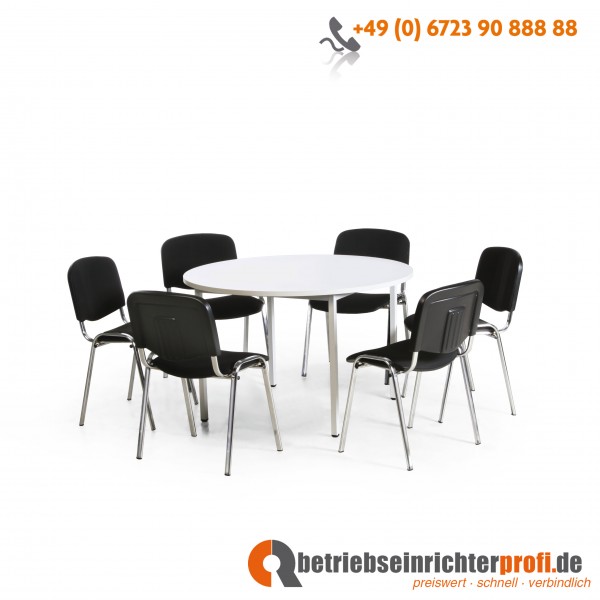 Taurotrade Tisch-Stuhl-Kombination, 1 runder Allzwecktisch ø 1200 mm mit 6 stapelbaren Konferenzstühlen (Stuhlgestelle verchromt)