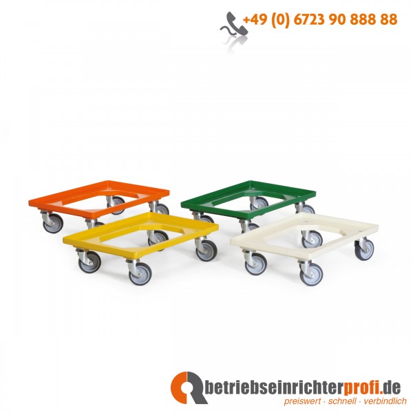 Taurotrade Transportroller aus ABS-Kunststoff für 1 Transportkasten 600 × 400 mm, Traglast 250 kg, gelb