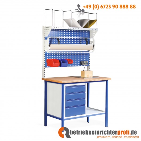 Taurotec stationäre Packstation mit 4 Schubladen, 2 Lochplatten, Einbauwaage, Rollenhalter und Kartonagenmagazin, Traglast 500 kg