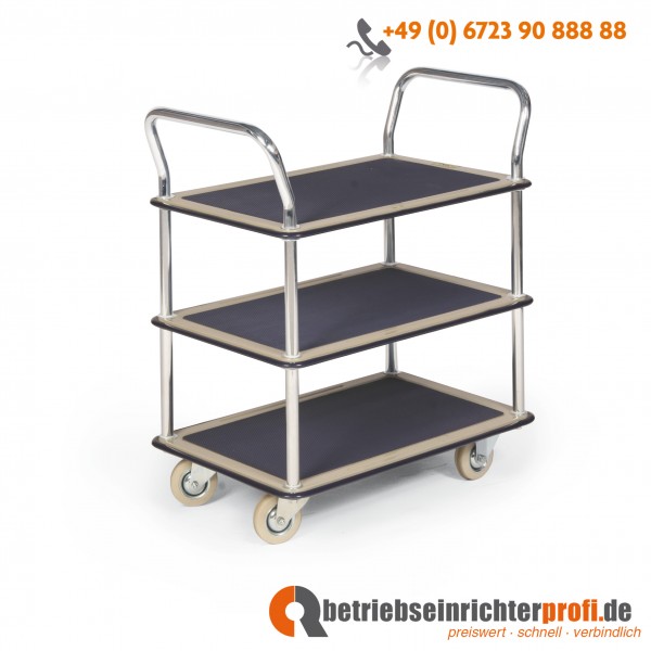 Taurotrade Stahl-Etagenwagen mit 3 Ladeflächen 740 x 480 mm und 2 Schiebebügeln, Traglast 120 kg