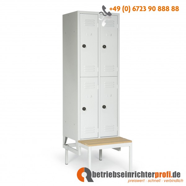 Spind Classico mit 4 Fächern je 300 mm breit, doppelstöckig, mit Sitzbank, Türen in RAL7035, lichtgrau