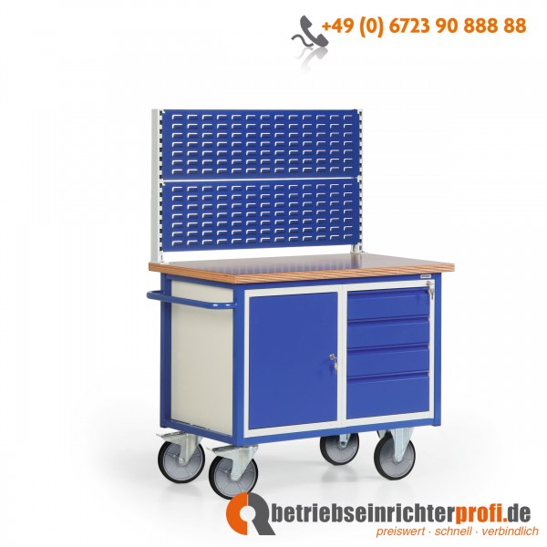 Rotauro große fahrbare Werkbank mit 2 Schlitzplatten (650 mm hoch), 4 Schubladen und 1 Schrank, Traglast 500 kg