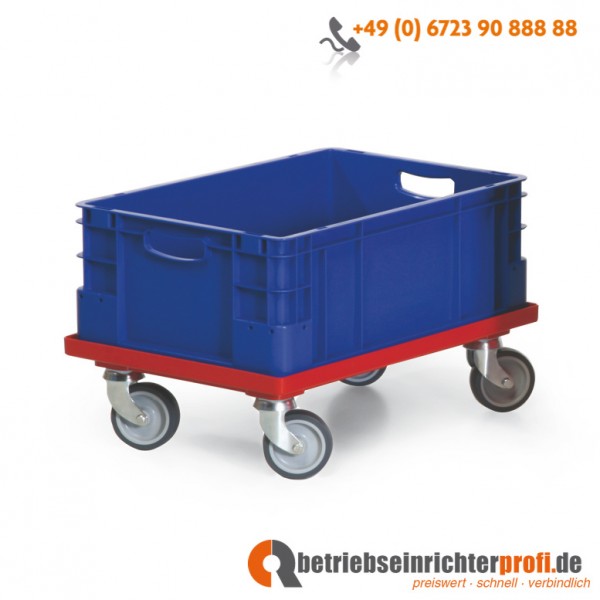 Taurotrade Transportroller aus ABS-Kunststoff für 1 Transportkasten 600 × 400 mm, Traglast 250 kg, rot