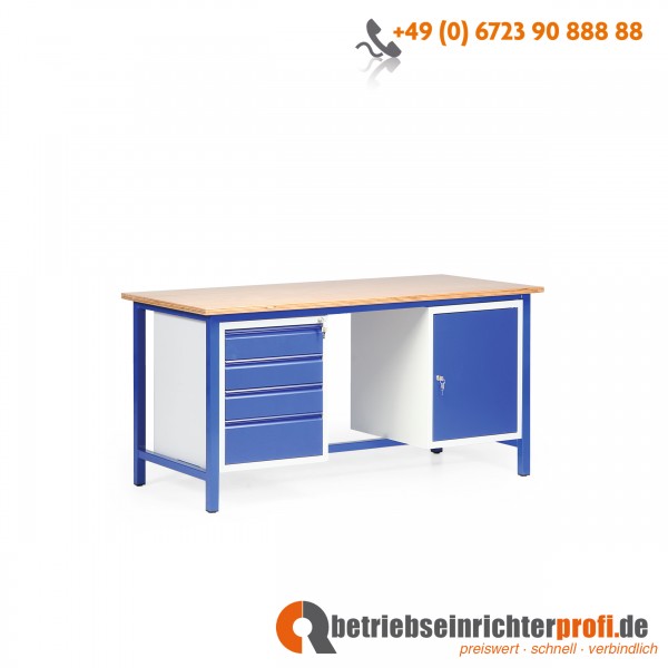 Taurotec Arbeitstisch mit 2 Schränken, 4 Schubladen und Tischplatte aus Multiplexholz, Traglast 750 kg, 16000 × 700 mm