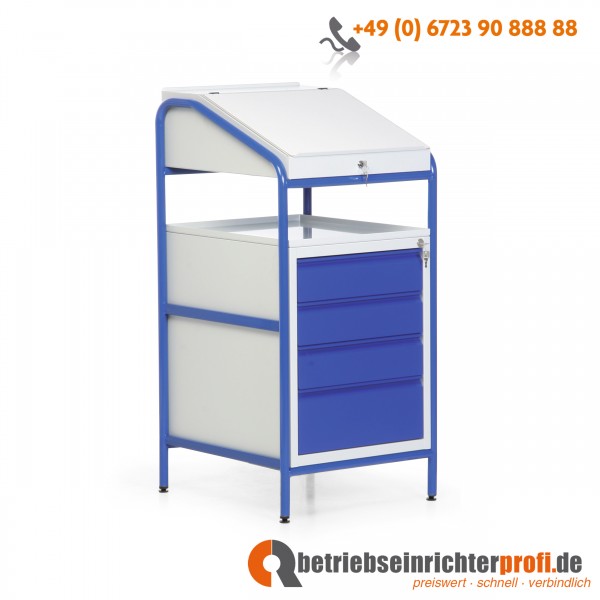 Taurodesk leichtes stationäres Stehpult mit Einbauschrank, 4 Schubladen und Abdeckung mit Blechablage, B 546 H 1150 T 605 mm