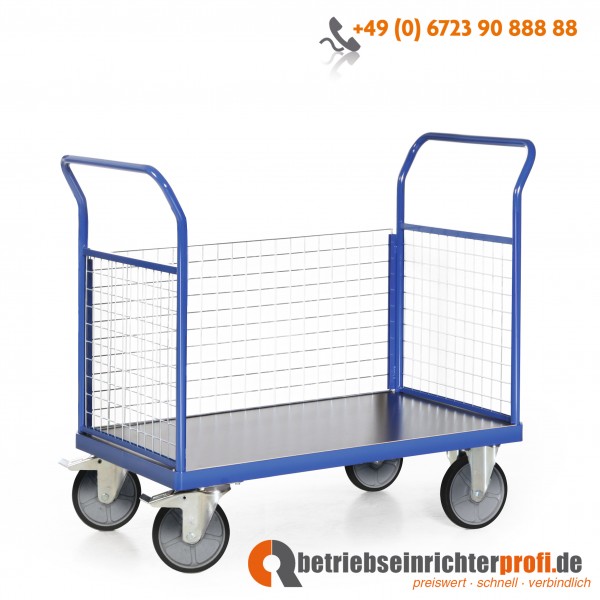 Tauroflex Plattformwagen, Ladefläche 1000 × 700, Traglast 600 kg, mit 3 Wänden aus Gitter