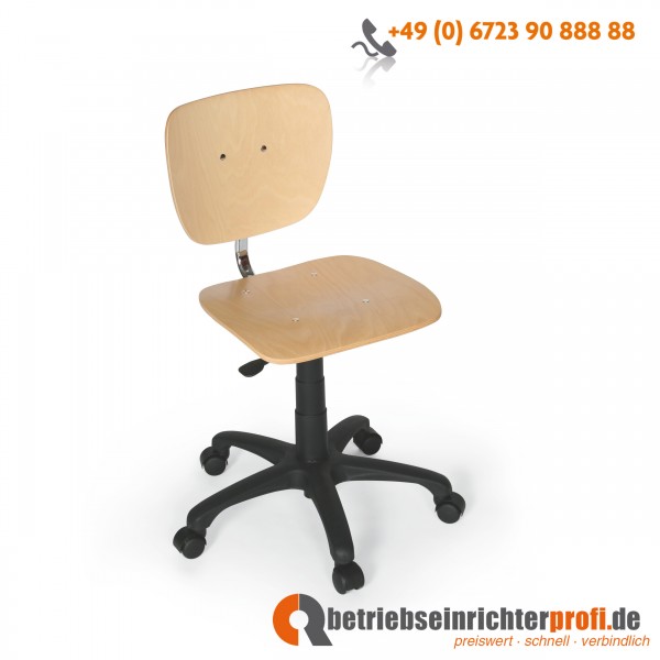 Taurosit Arbeitsstuhl mit Sitz aus Buchenschichtholz und Rollen, Belastung 110 kg