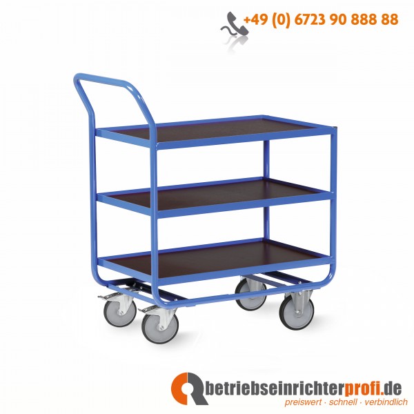 Rotauro Stahlrohr-Tischwagen mit Bordleisten aus Winkelstahl (15 mm hoch) und 3 Ladeflächen 800 × 500 mm, Traglast 300 kg